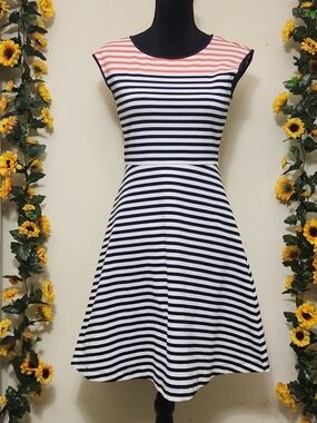 Draper James Navy & Coral Striped Fit-and-Flare Midi Dress